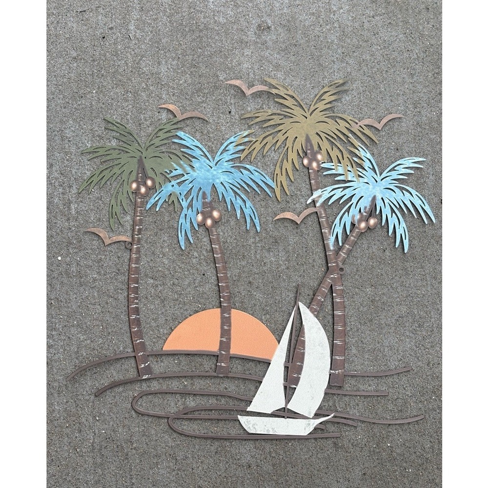 Coastal Decor Metal Wall Art Palm Trees Sailboat Seagulls Beach Home BNB Camper